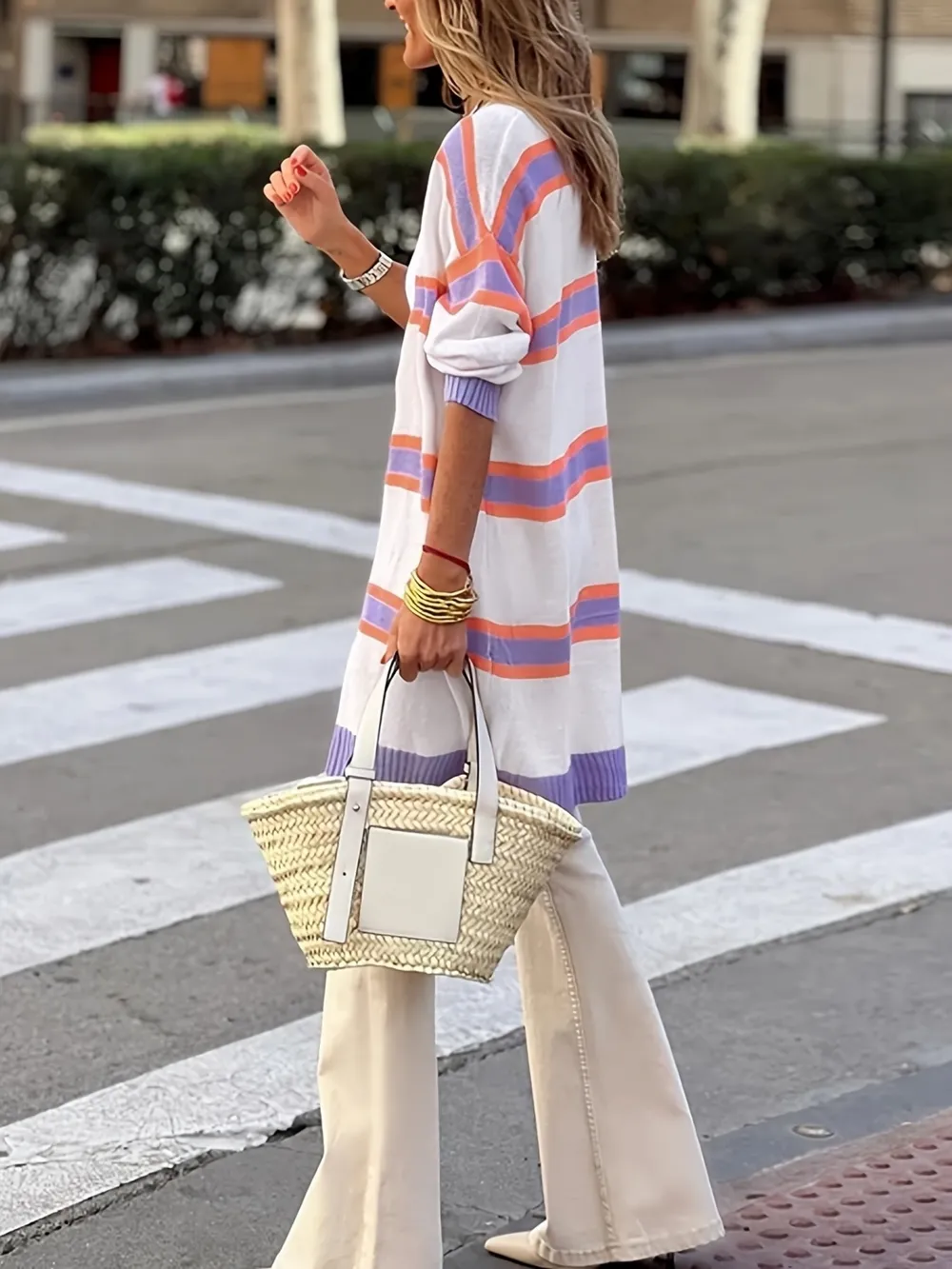 Striped Open Front Longline Cardigan, image 2