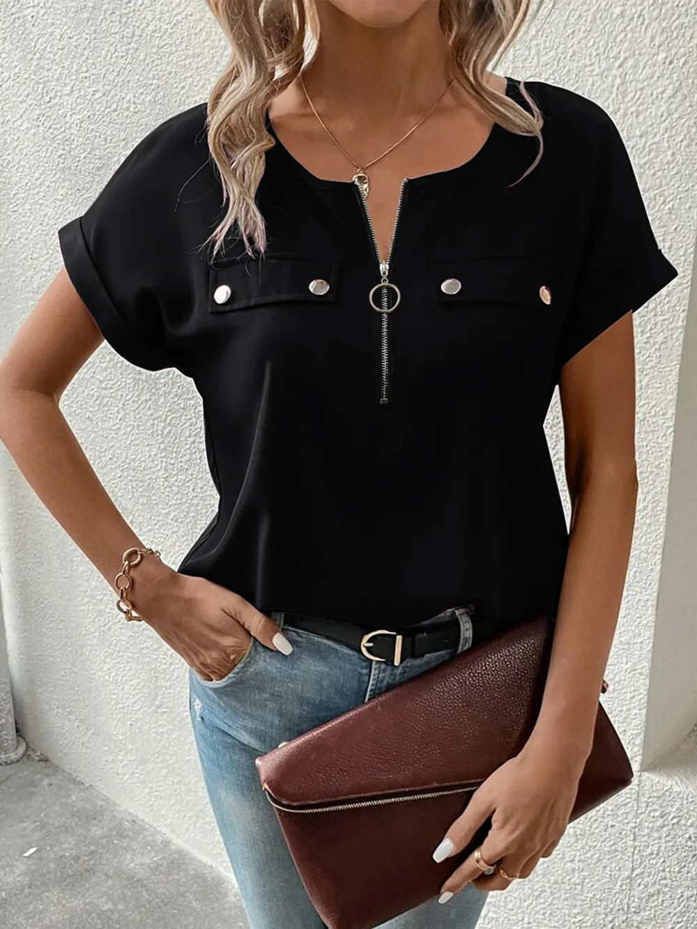 Casual Zipper Front Short Sleeve Blouse, image 8