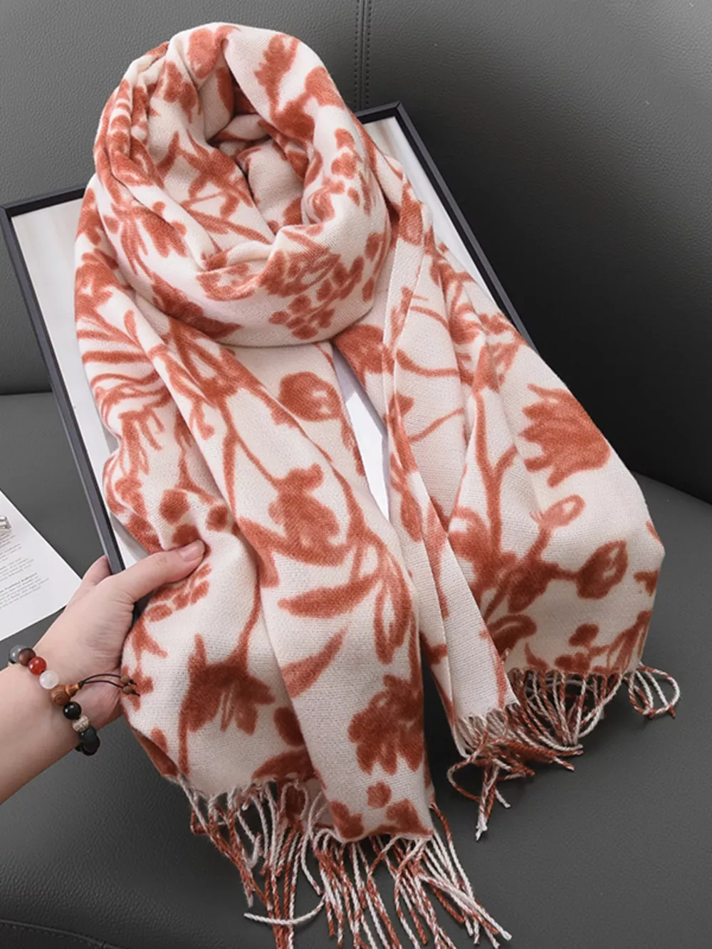 Floral Print Scarf with Fringe Detail, image 5