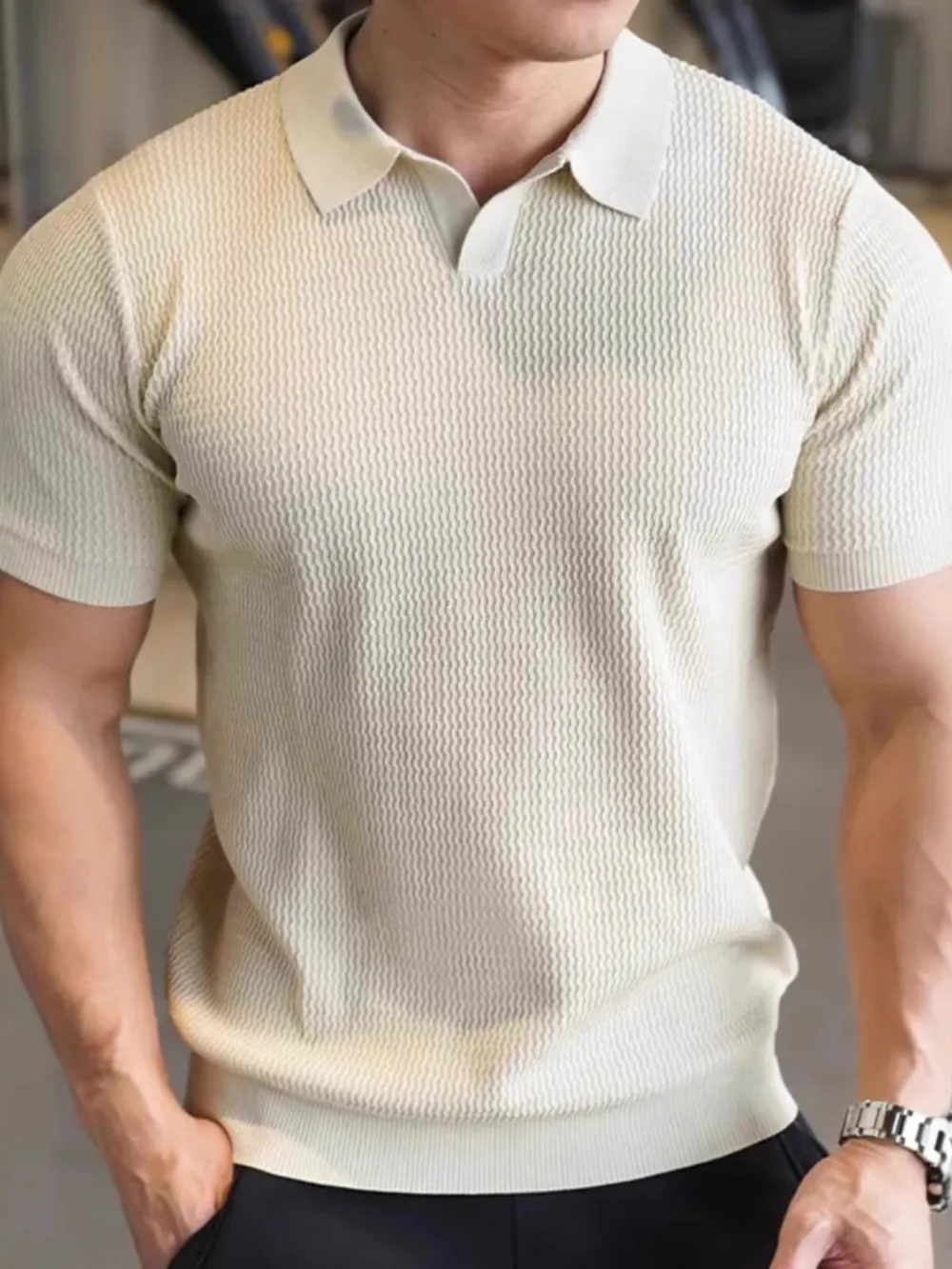Men's Full Size Textured Knit Polo Shirt Plus Size