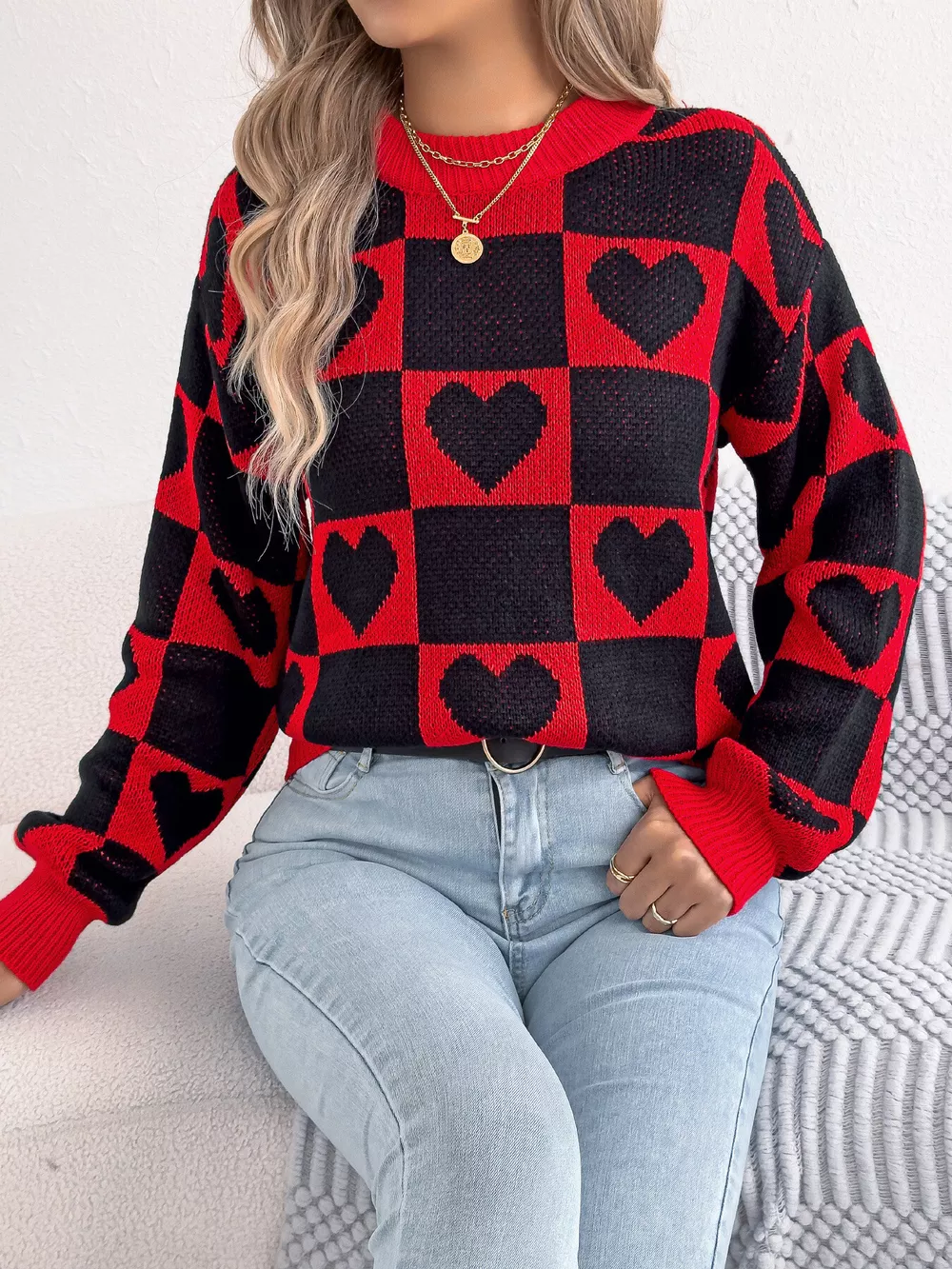 Heart Checkerboard Pattern Round Neck Sweater, image 2