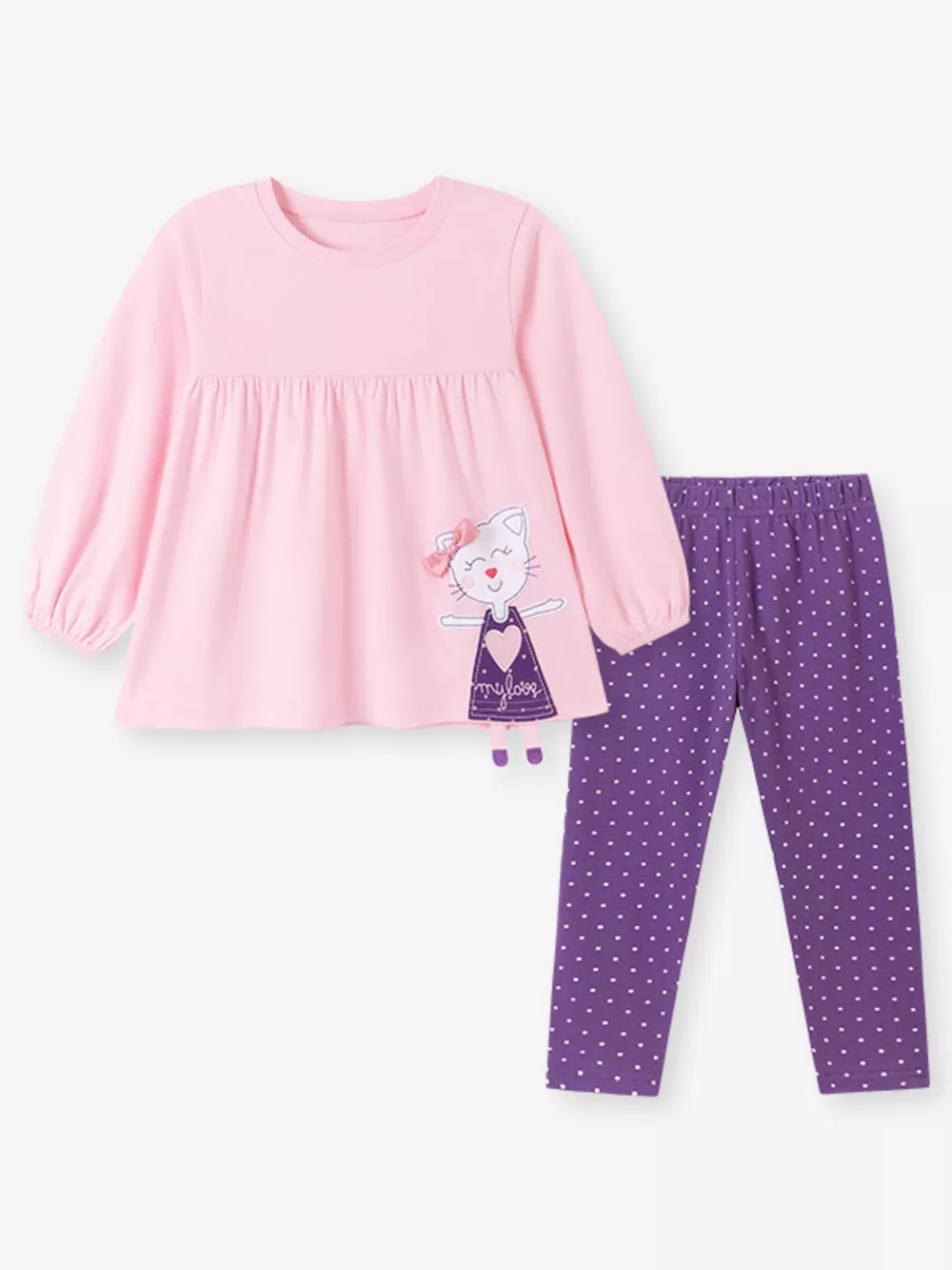 Children's Cat Applique Long Sleeve Top and Polka Dot Leggings Set, image 2