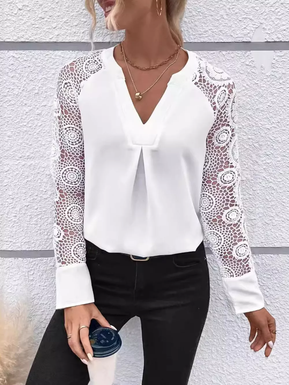 Elegant Lace Sleeve V-Neck Blouse, image 2
