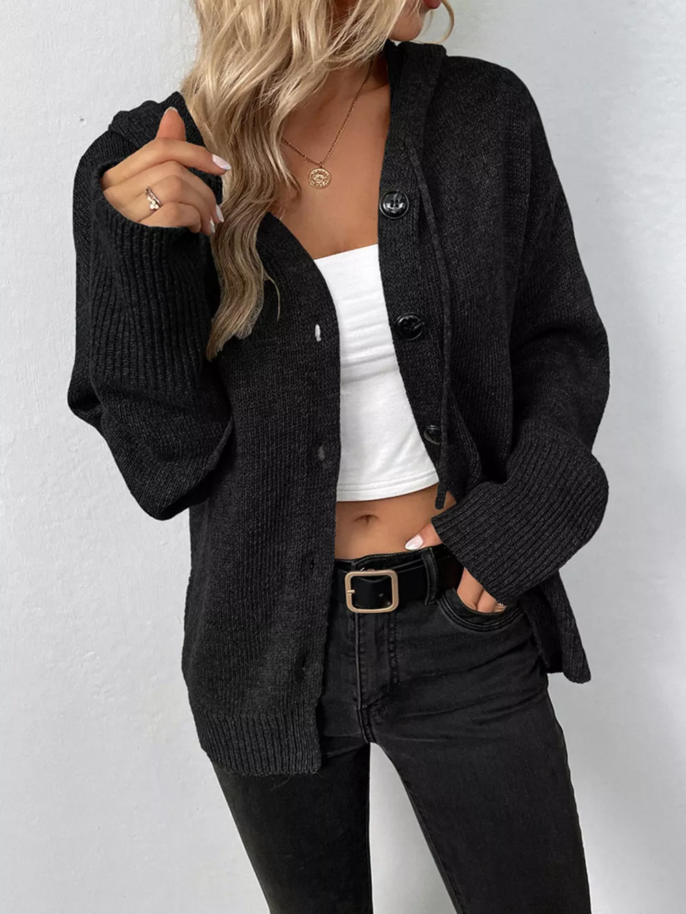 Cozy Knit Hooded Button-Down Cardigan, image 8