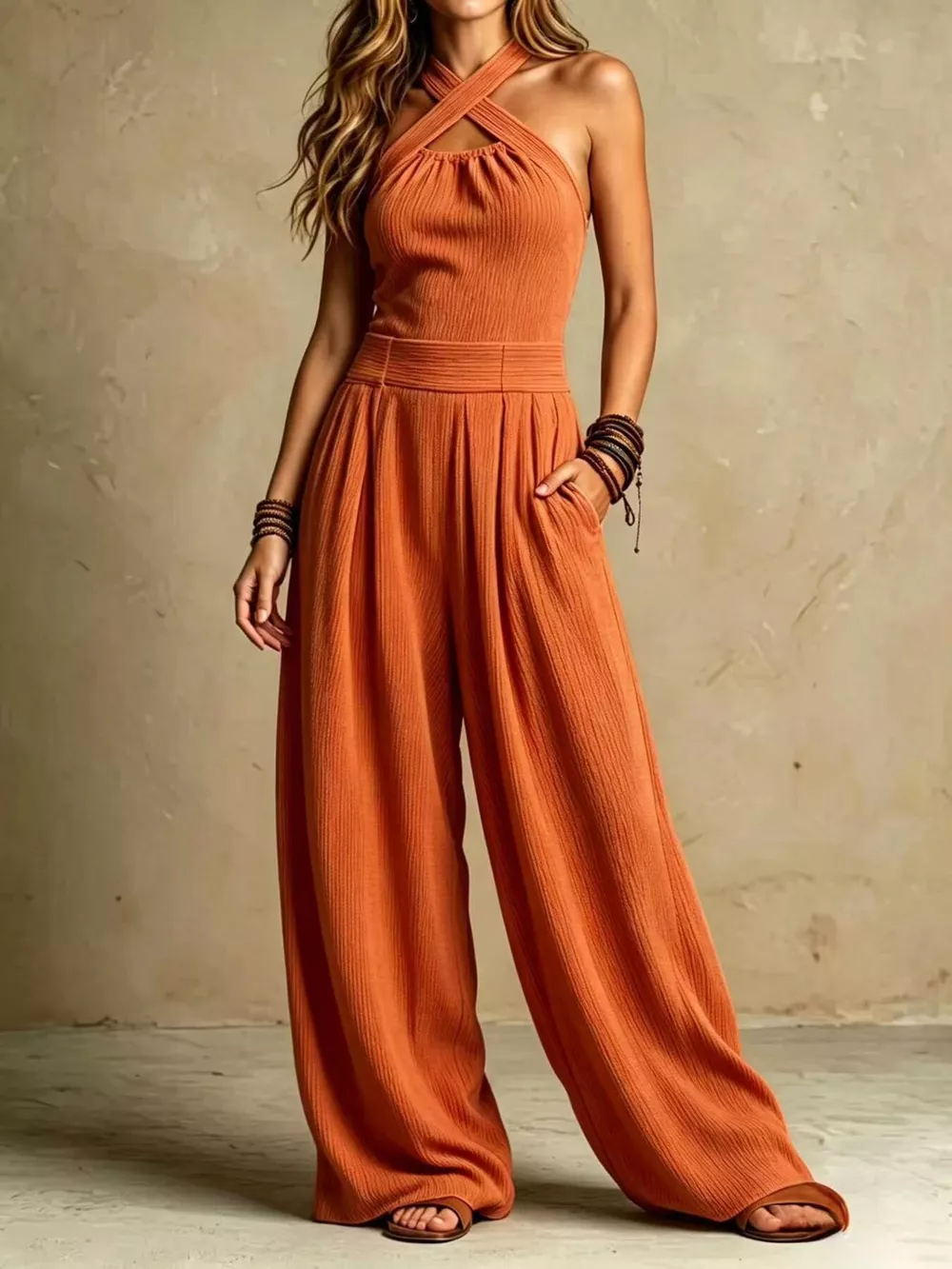 Full Size Halter Neck Wide-Leg Jumpsuit Plus Size, image 9