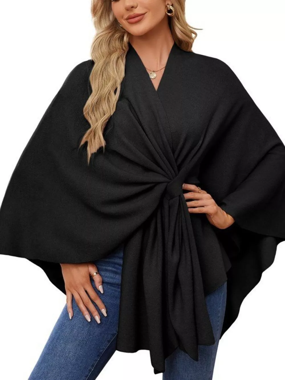 Solid Color Tie-Front Knit Cape Top, image 26