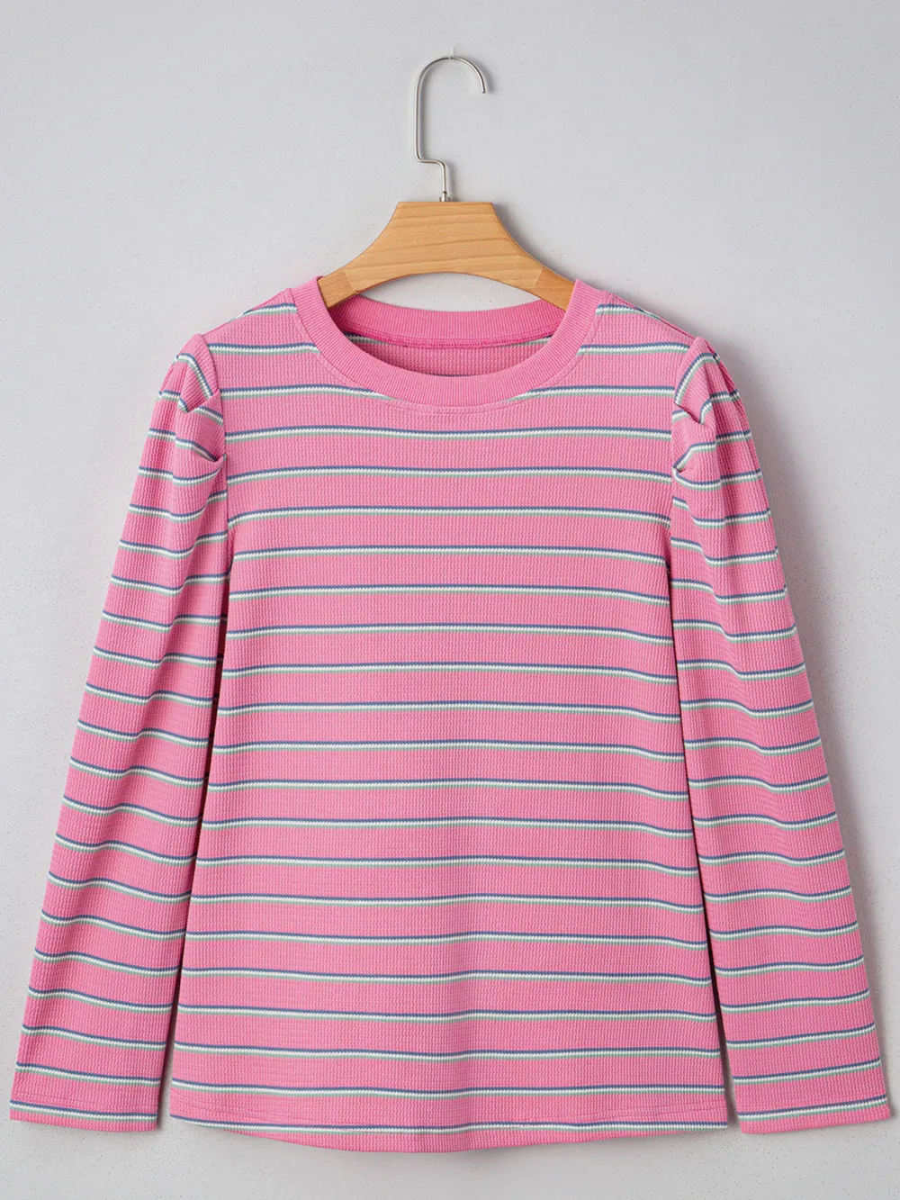 Stripe Textured Knit Round Neck Puff Sleeve Top, image 7