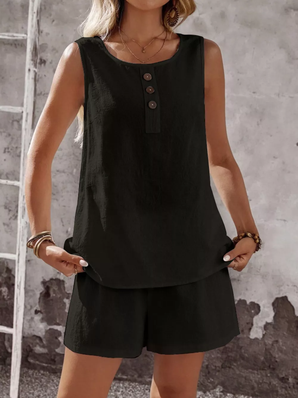 Decor Button Round Neck Tank and Shorts Set, image 6