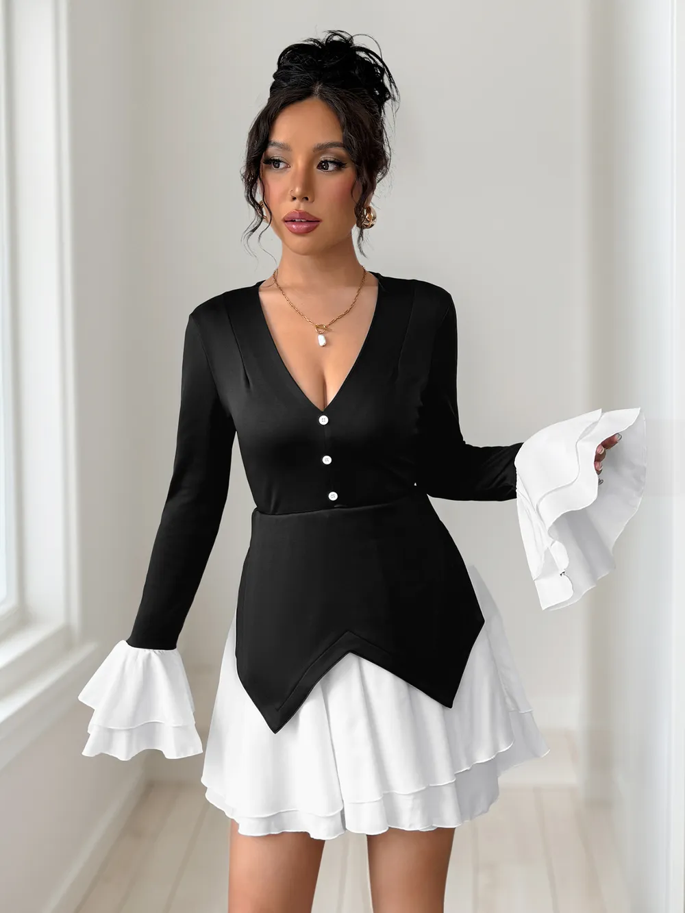 Two Tone V-Neck Long Sleeve Mini Dress, image 3