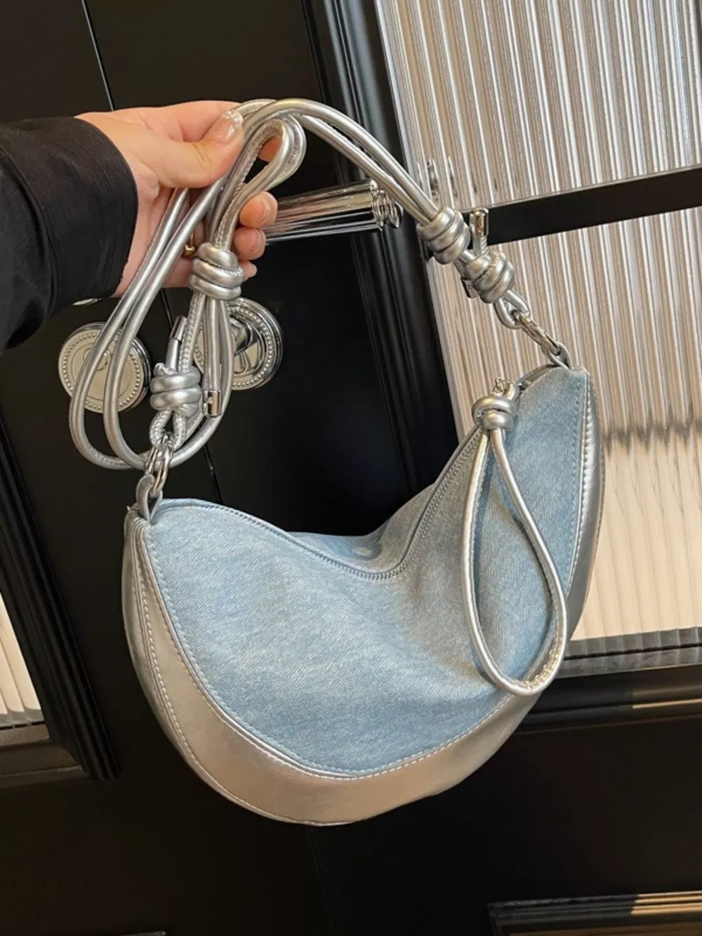 Denim Crescent Hobo Crossbody Bag, image 3