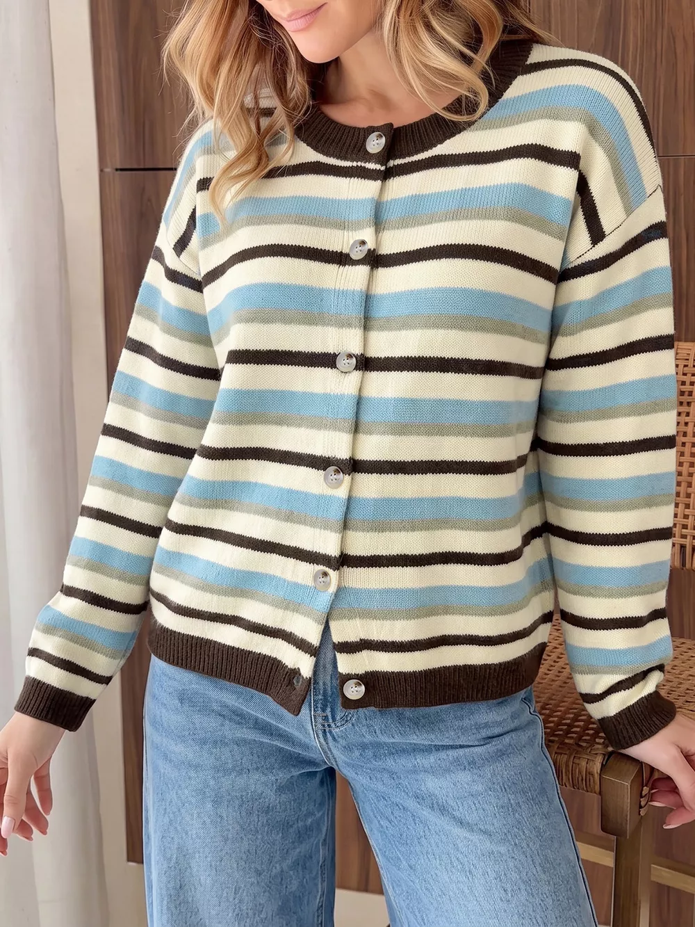 Striped Crew Neck Button-Down Cardigan, image 3
