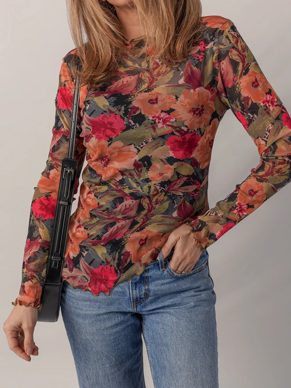 Multicolour Floral Print Lettuce Trim Long Sleeve Mesh Top, image 3