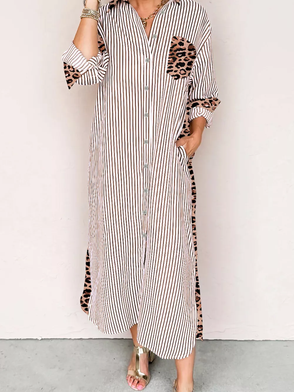 Striped Leopard Print Button Up Shirt Dress, image 9
