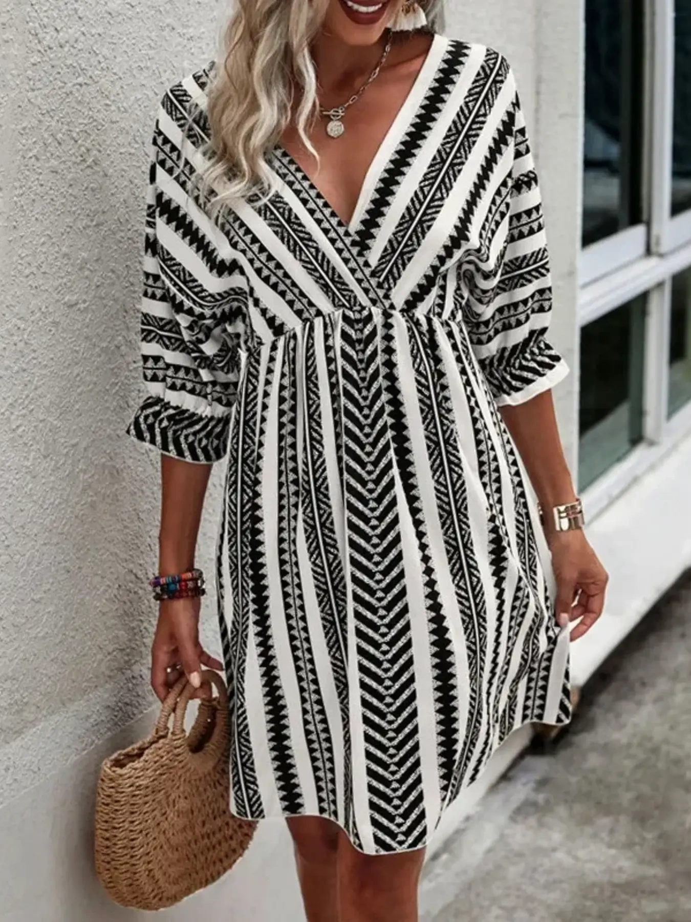 Geometric Print V-Neck Mini Dress, image 2