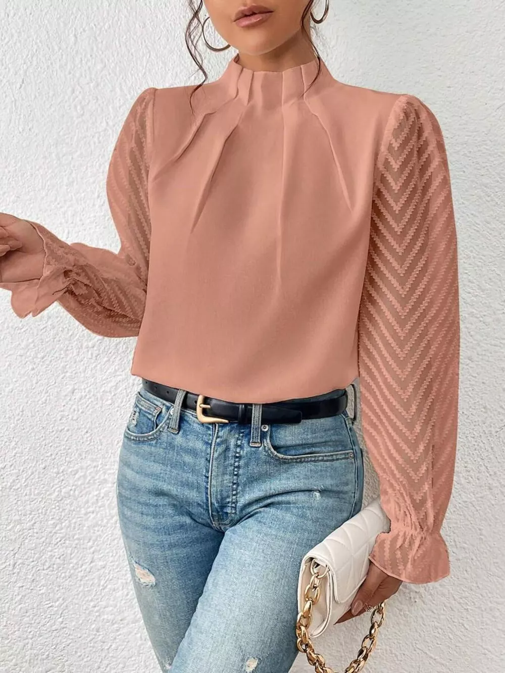 Mock Neck Sheer Lace Sleeve Blouse, image 17