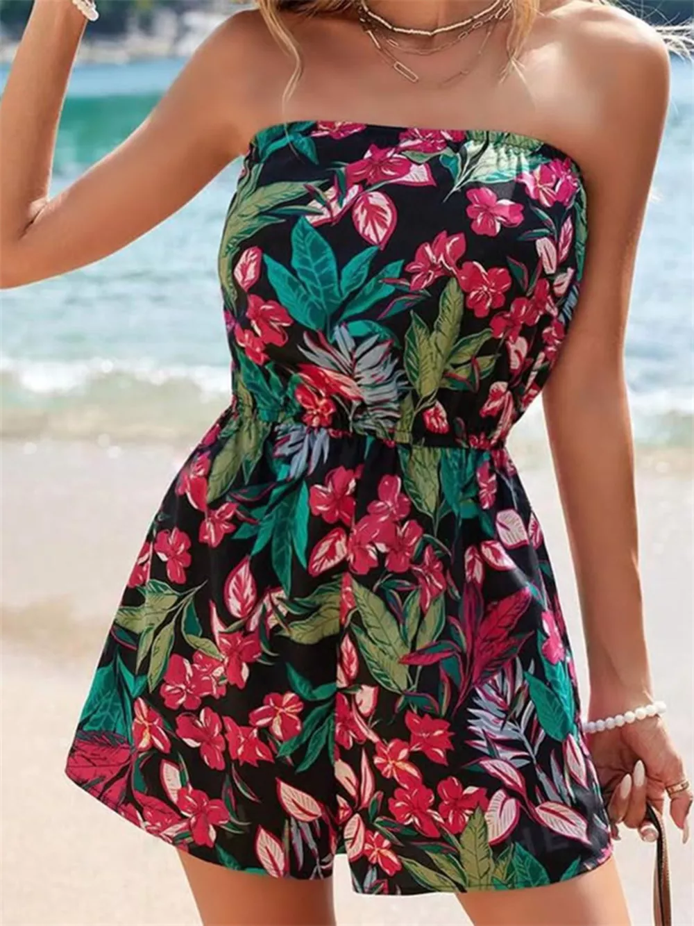 Floral Print Strapless Elastic Waist Romper, image 15