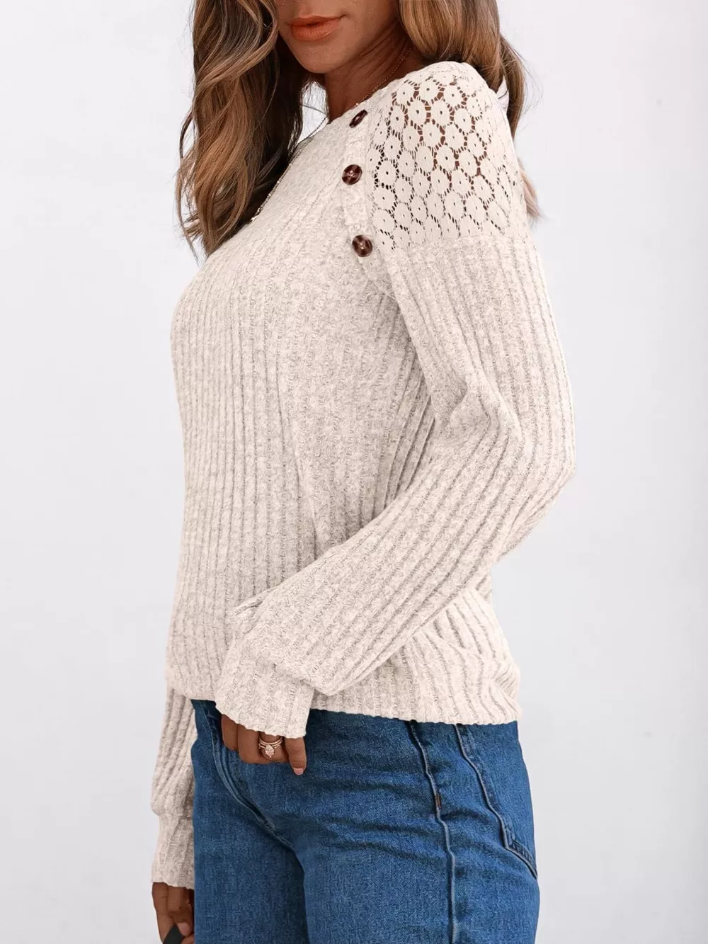 Ribbed Knit T-Shirt with Lace Shoulder Detail, image 17