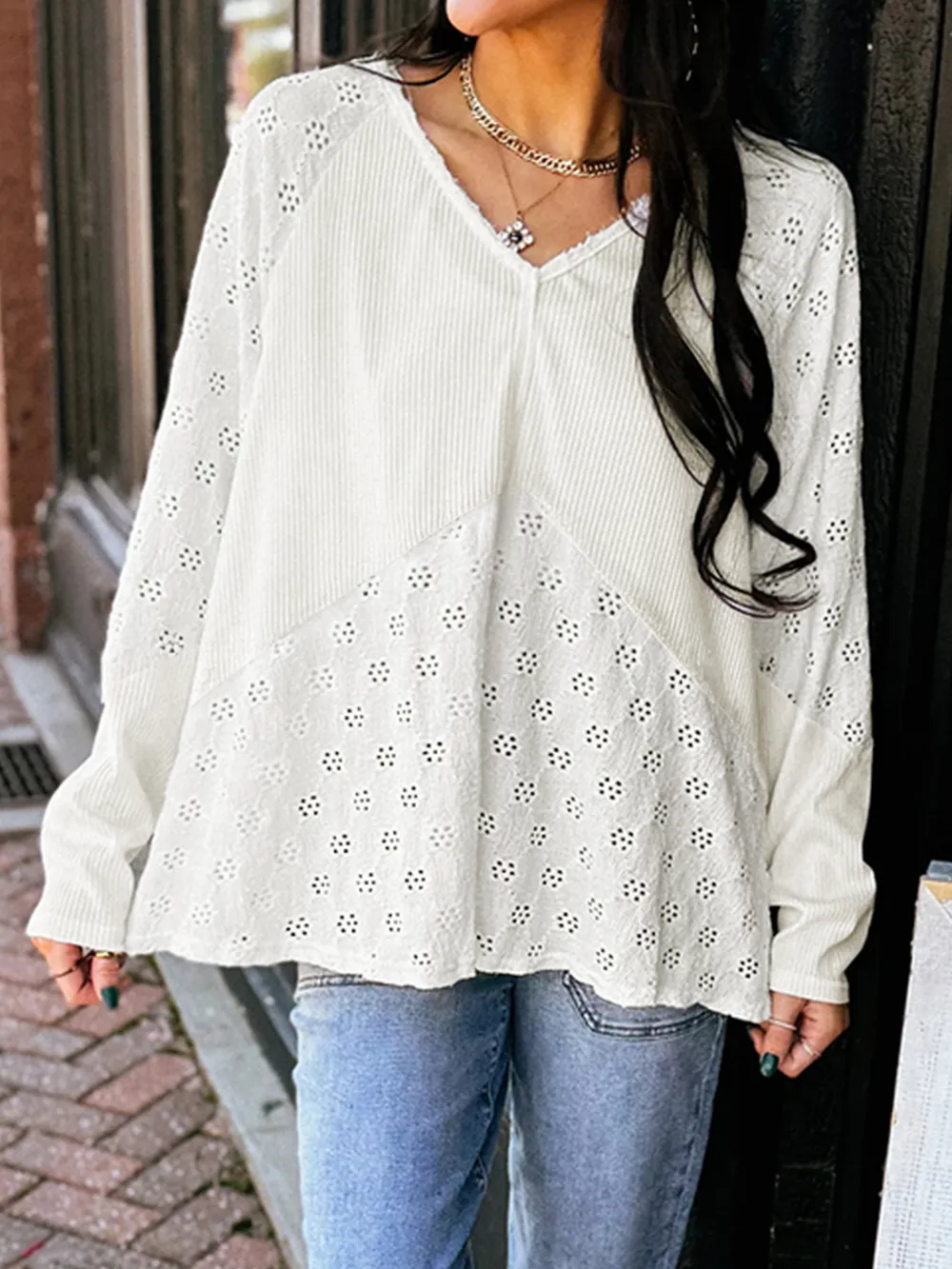 Eyelet Embroidered Loose V Neck Long Sleeve Top, image 12