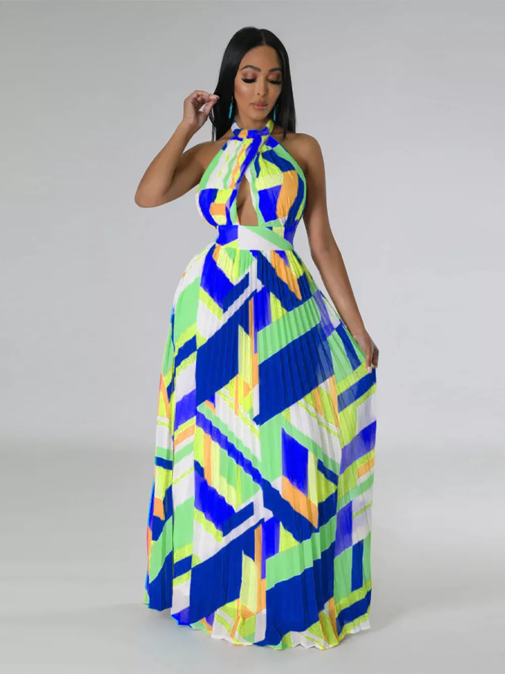 Halter Neck Geometric Print Pleated Maxi Dress, image 12