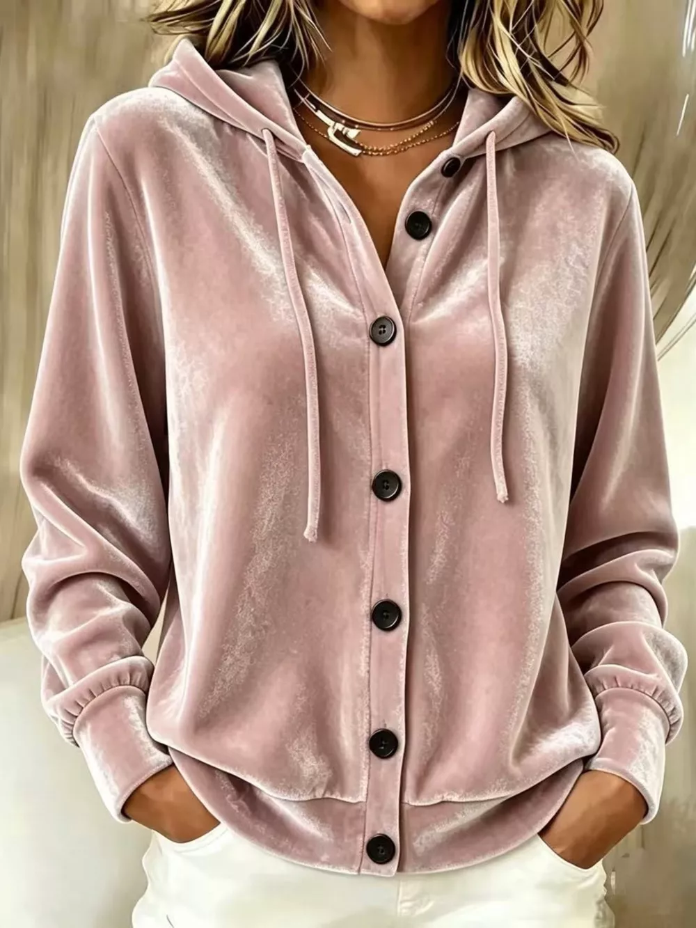 Full Size Velvet Button-Down Hooded Outerwear Plus Size, image 15