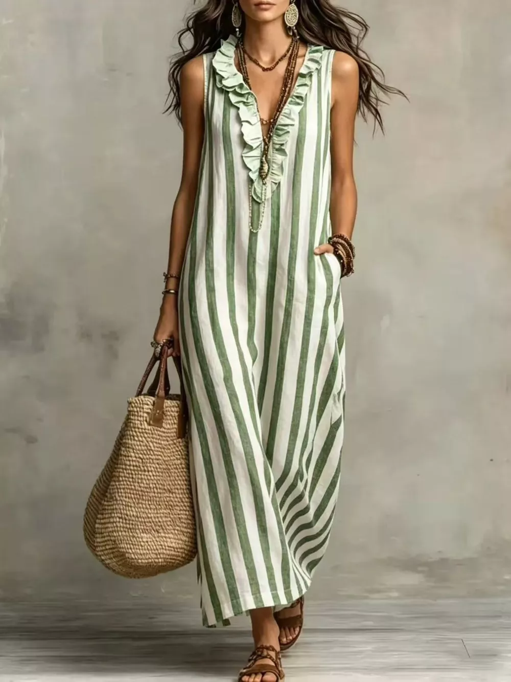 Full Size Sleeveless Striped Ruffle V-Neck Maxi Dress Plus Size, image 3