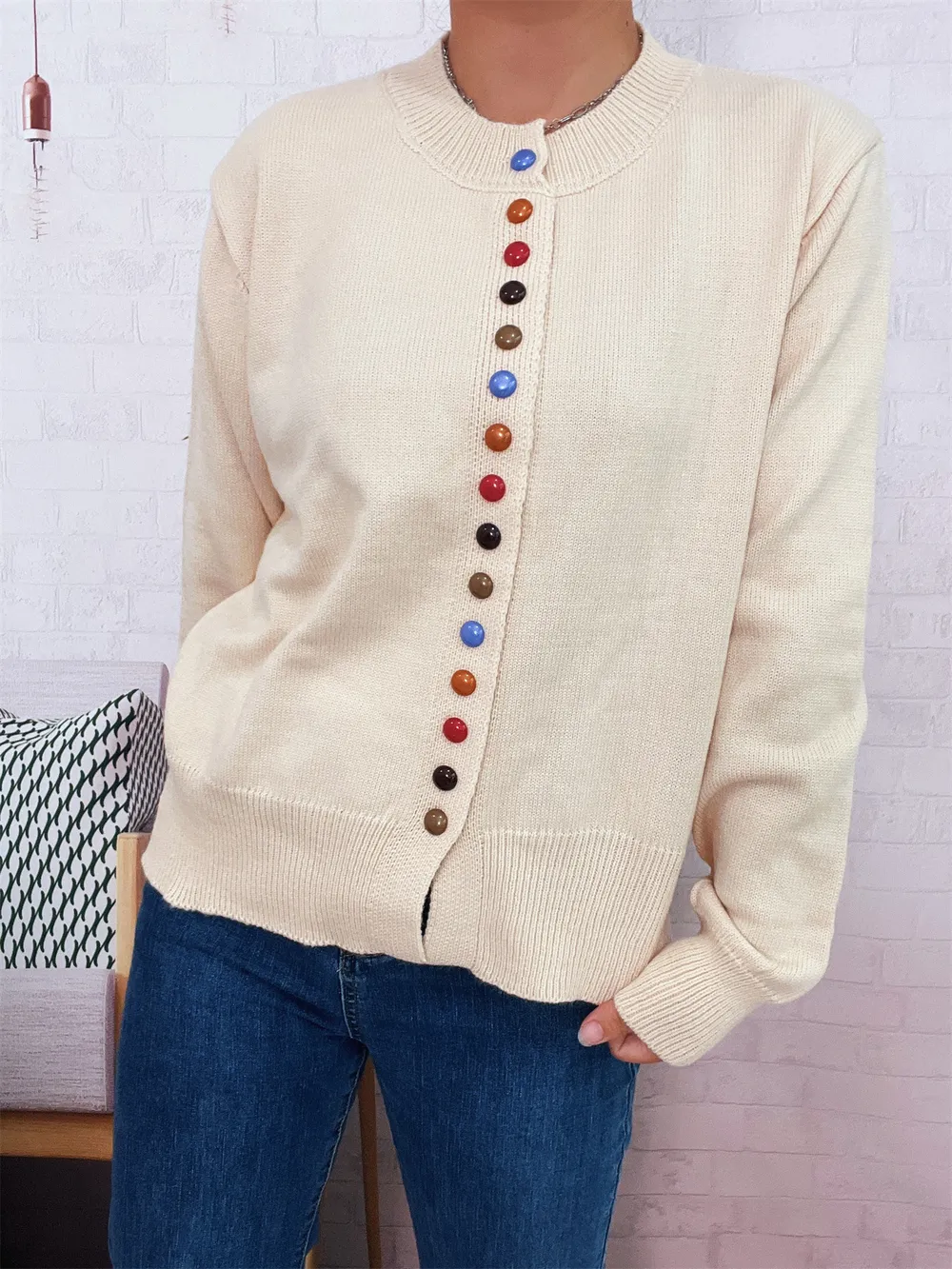 Button-Front Cardigan with Colorful Detail Buttons