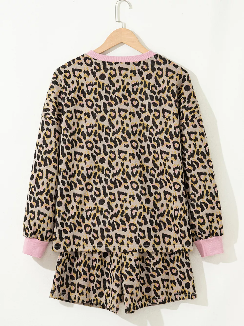 Leopard Print Contrast Edge Long Sleeve Pullover Shorts Set, image 5