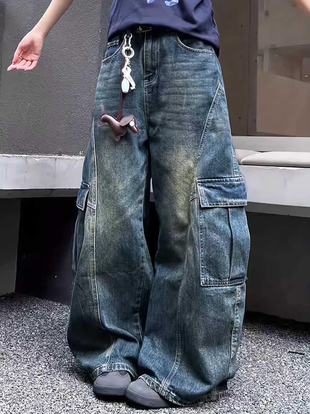 Vintage Wash Wide Leg Cargo Jeans, image 2
