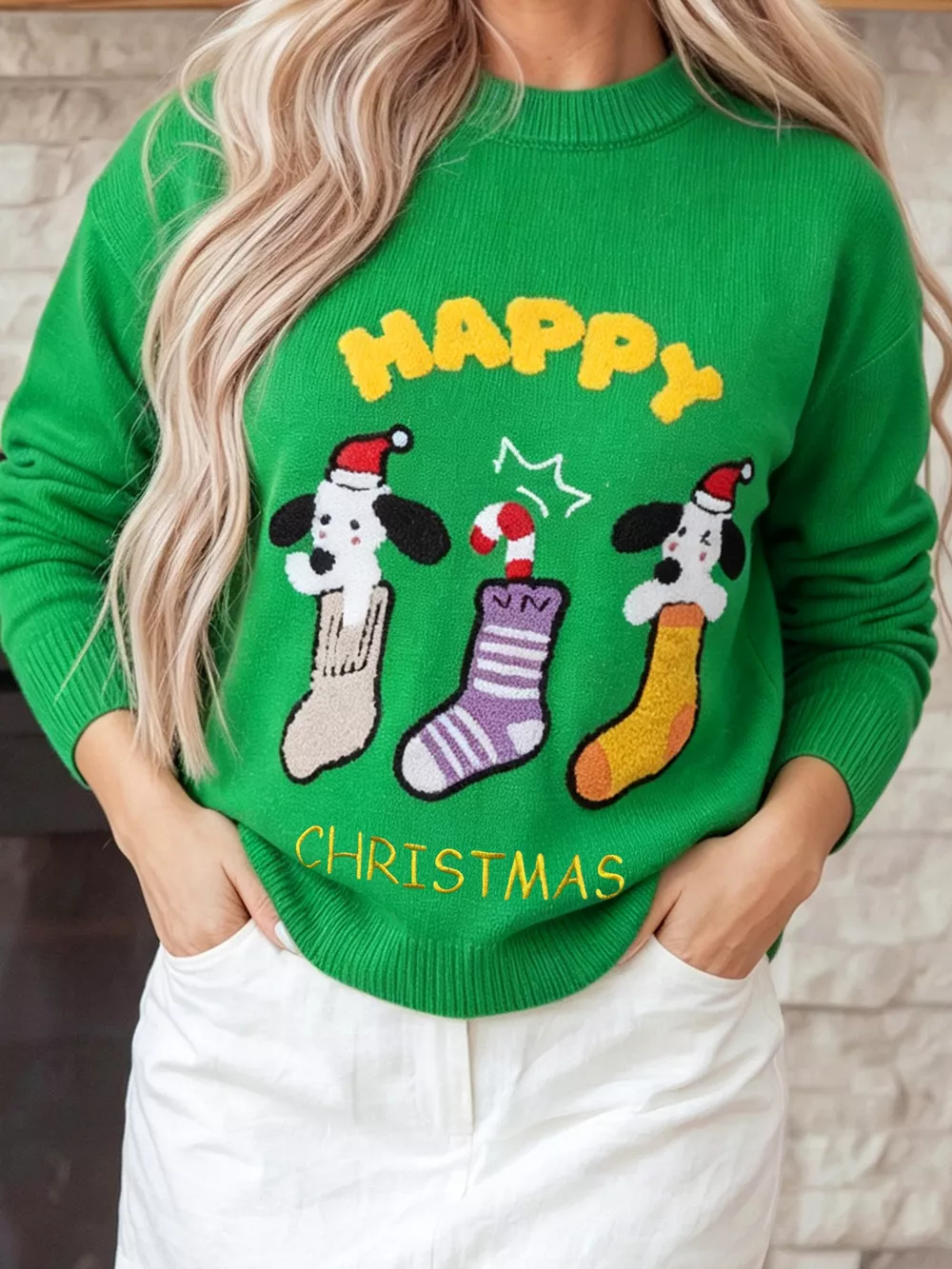 Abstract Patch Embroidery Christmas Pullover Sweater, image 5