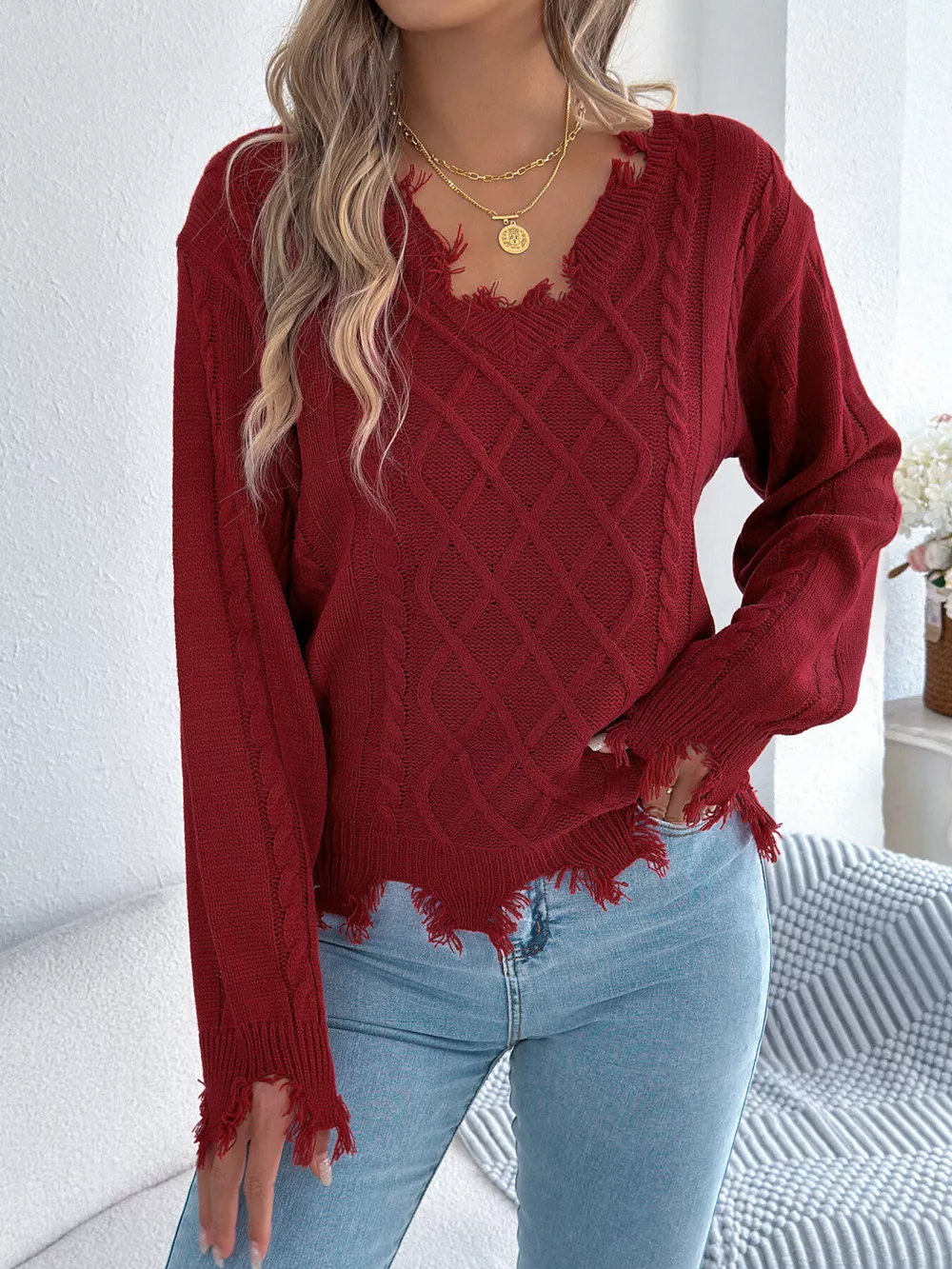 V-Neck Distressed Hem Cable Knit Sweater, image 17