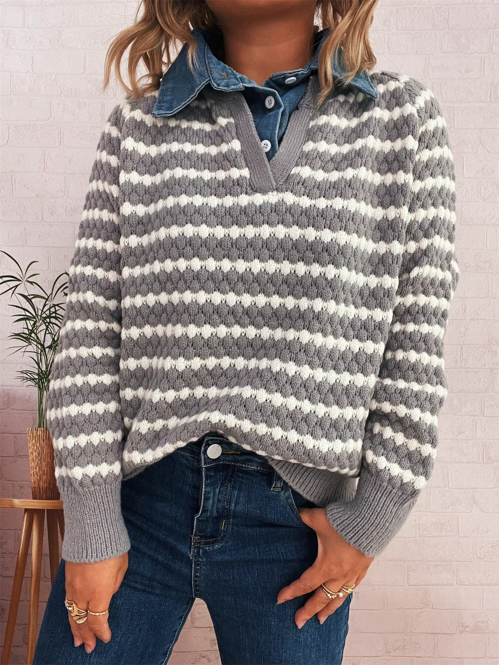Contrast Striped Sweater with Denim Collar, image 16