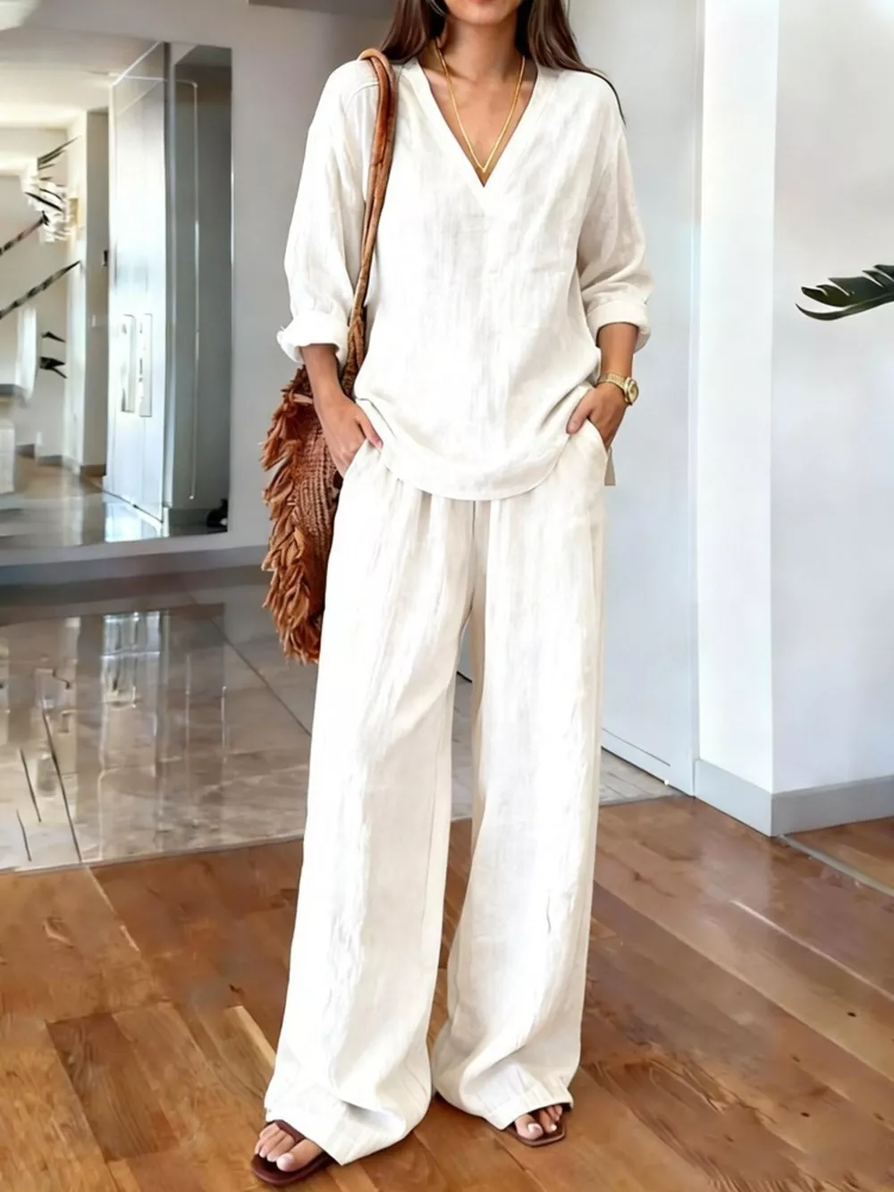 V-Neck Top and Wide-Leg Pants Set, image 2