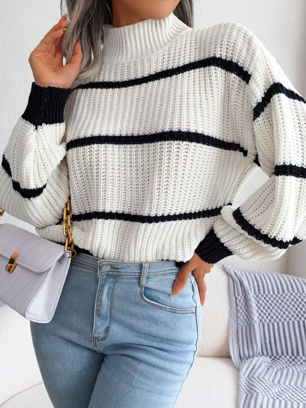 Striped Mock Neck Knit Sweater, image 11