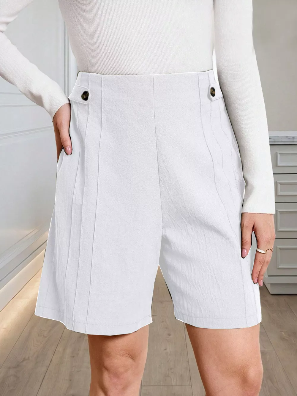 High-Waisted Pleated Shorts with Button Detail, image 8