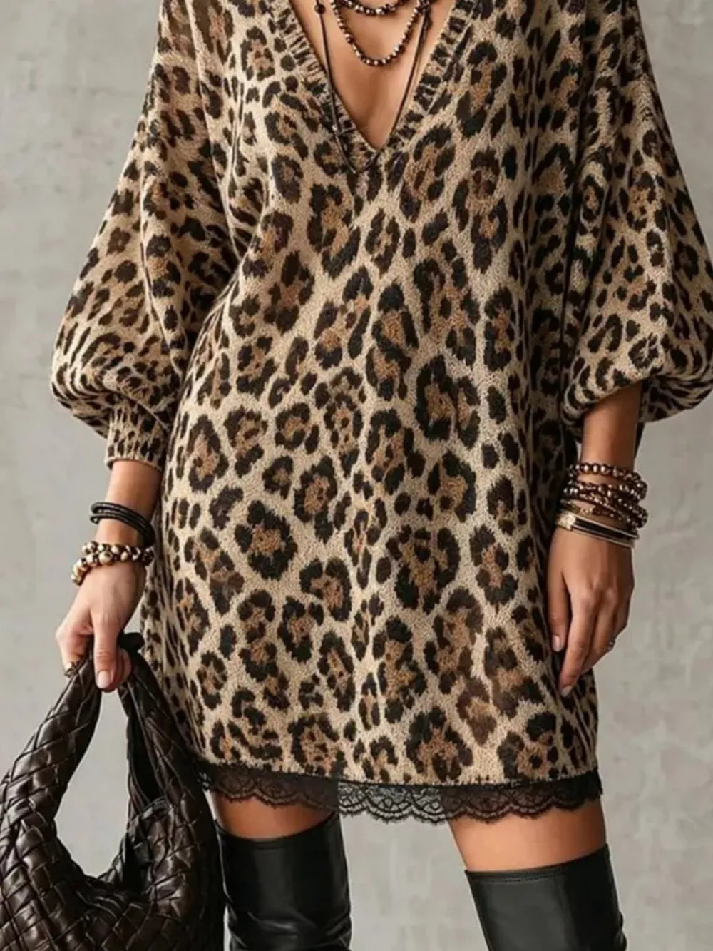 Leopard Print V-Neck Dress with Lace Hem, image 3