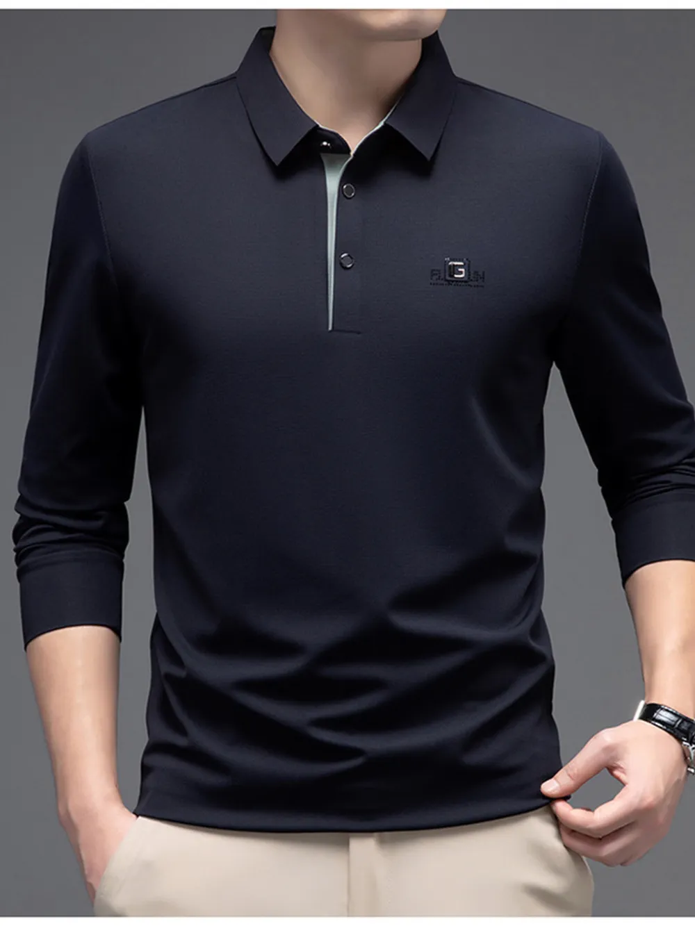 Men's Plus Size Button Detail Long Sleeve Polo, image 7