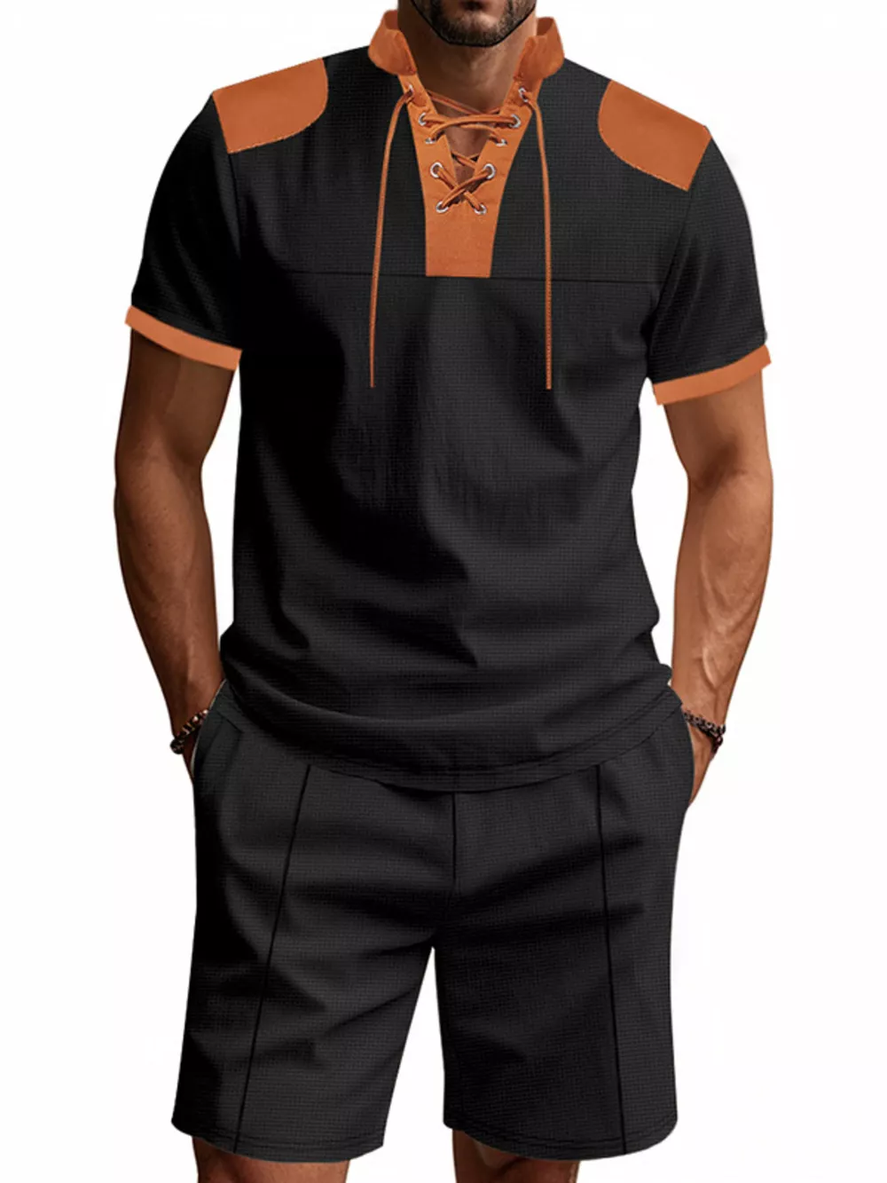 Men's Full Size Lace-Up Collar Casual Top and Shorts Set Plus Size, image 7