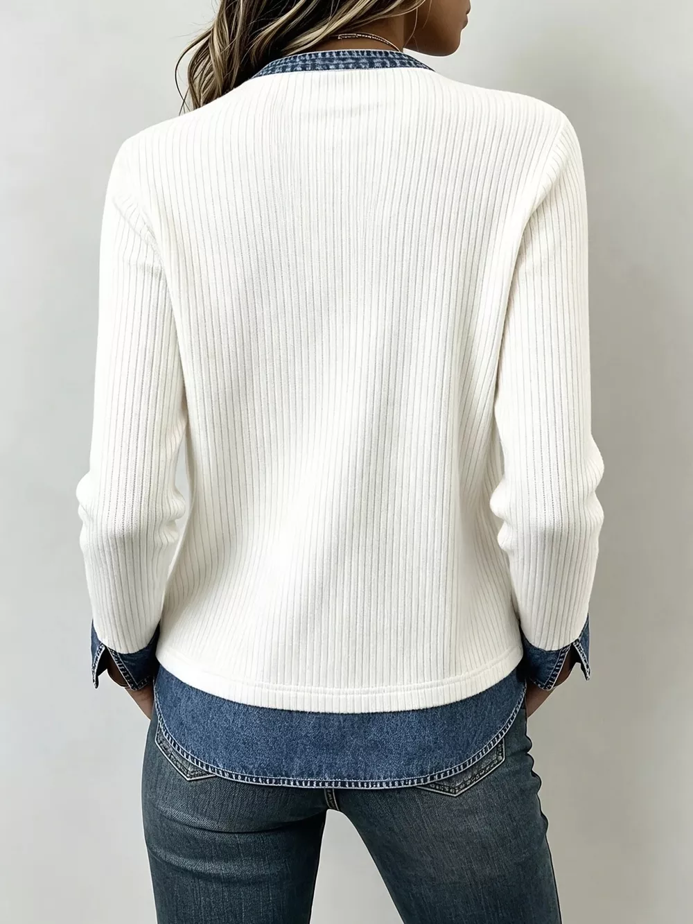Denim Trim V-Neck Ribbed Knit Top, image 2