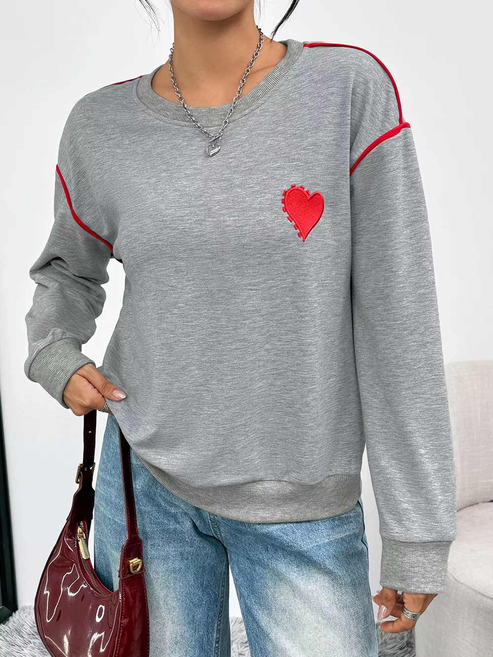 Heart Embroidered Round Neck Sweatshirt