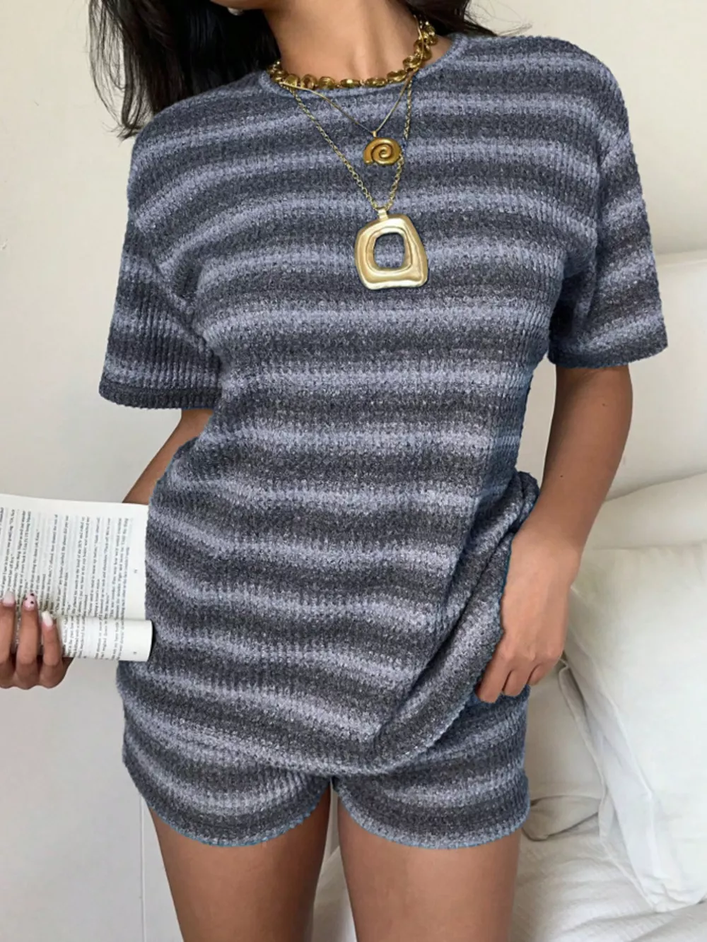 Striped Textured Knit Top and Shorts Set, image 7
