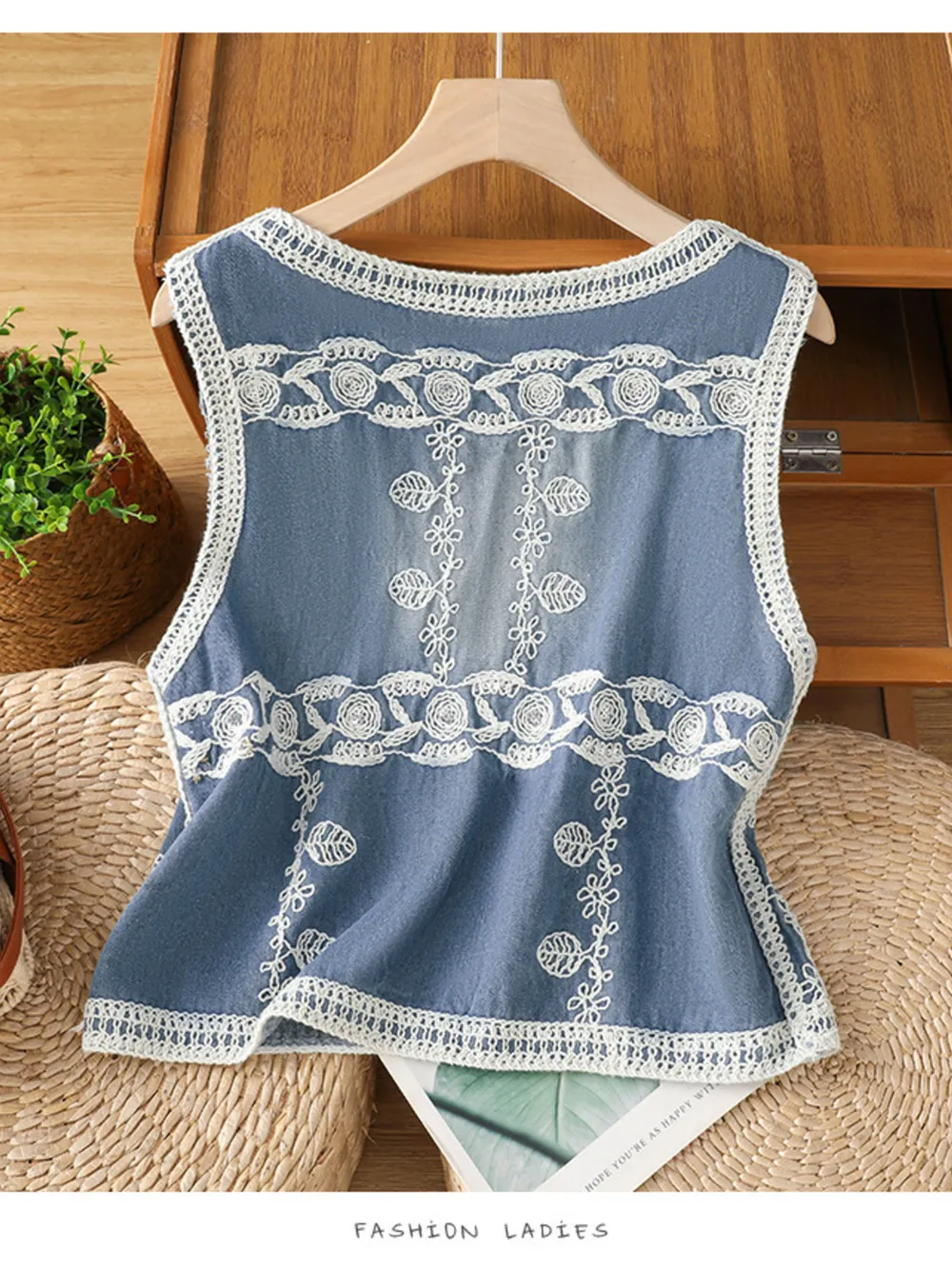 Embroidered Button Up V-Neck Vest Coat, image 2