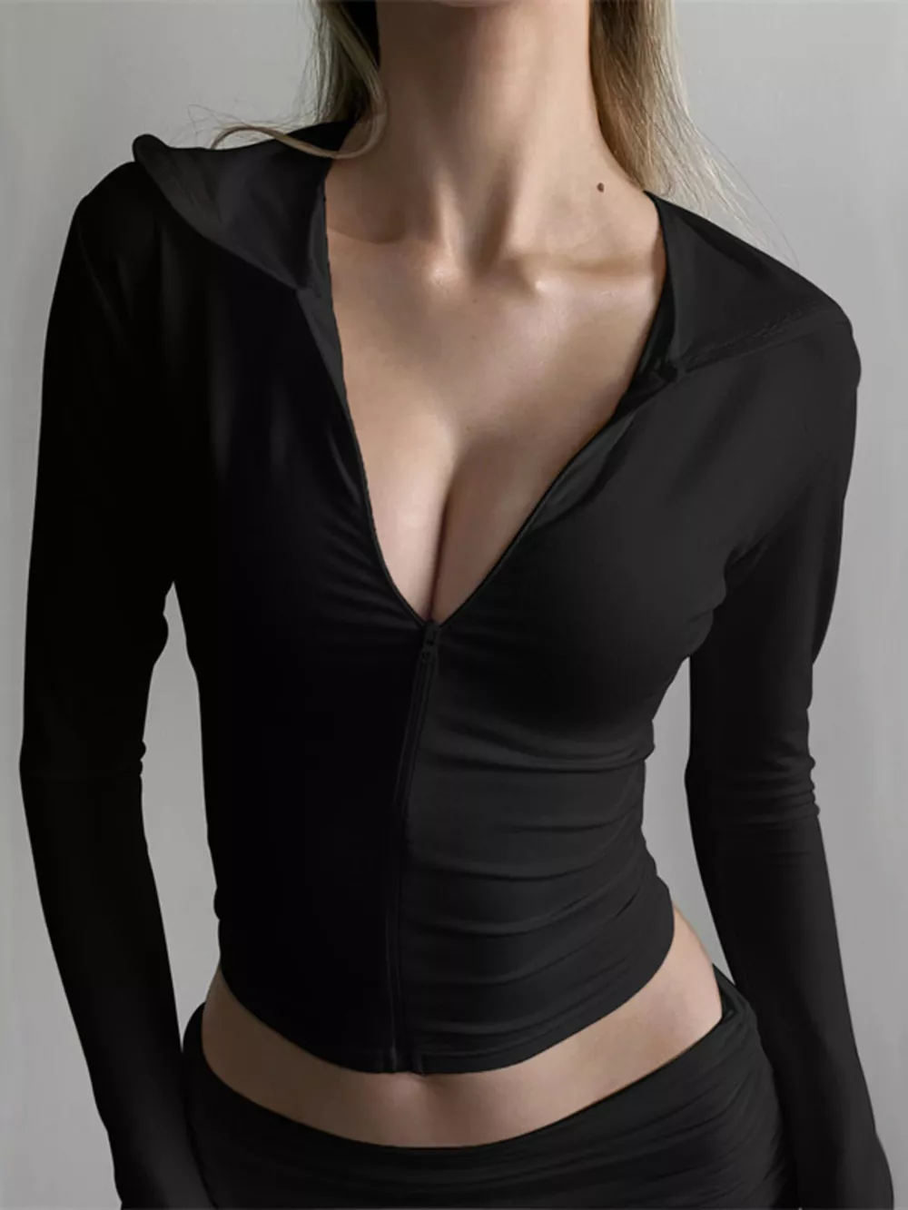 Long Sleeve Zip-Up Hoodie and Ruched Shorts Set, image 10