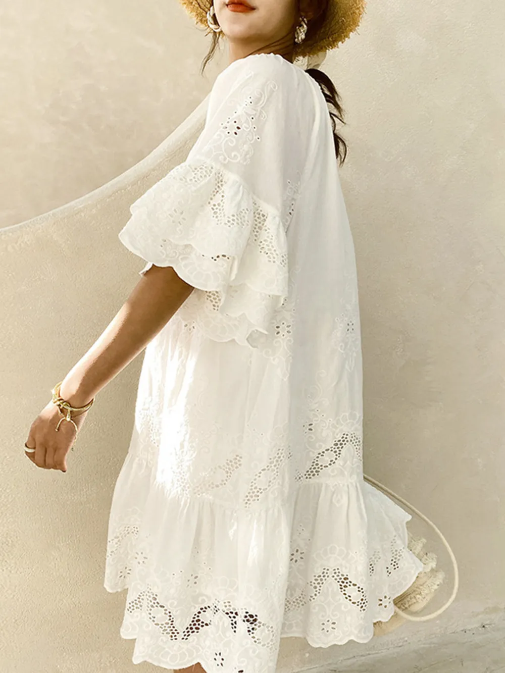 Eyelet Embroidered Tassel Tie Neck Dress, image 3