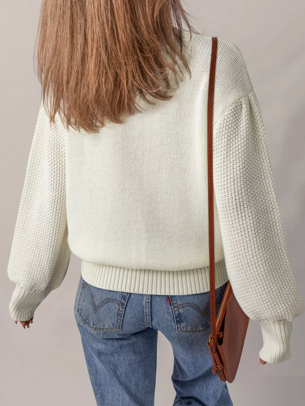 Flower Detail Round Neck Contrast Textured Puff Sleeve Sweater, image 6