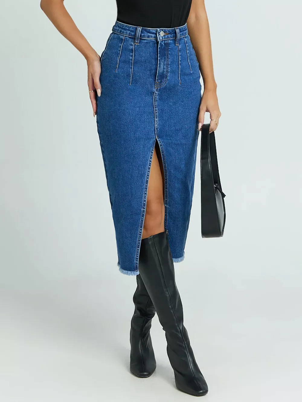 High-Waisted Slit Denim Skirt, image 2