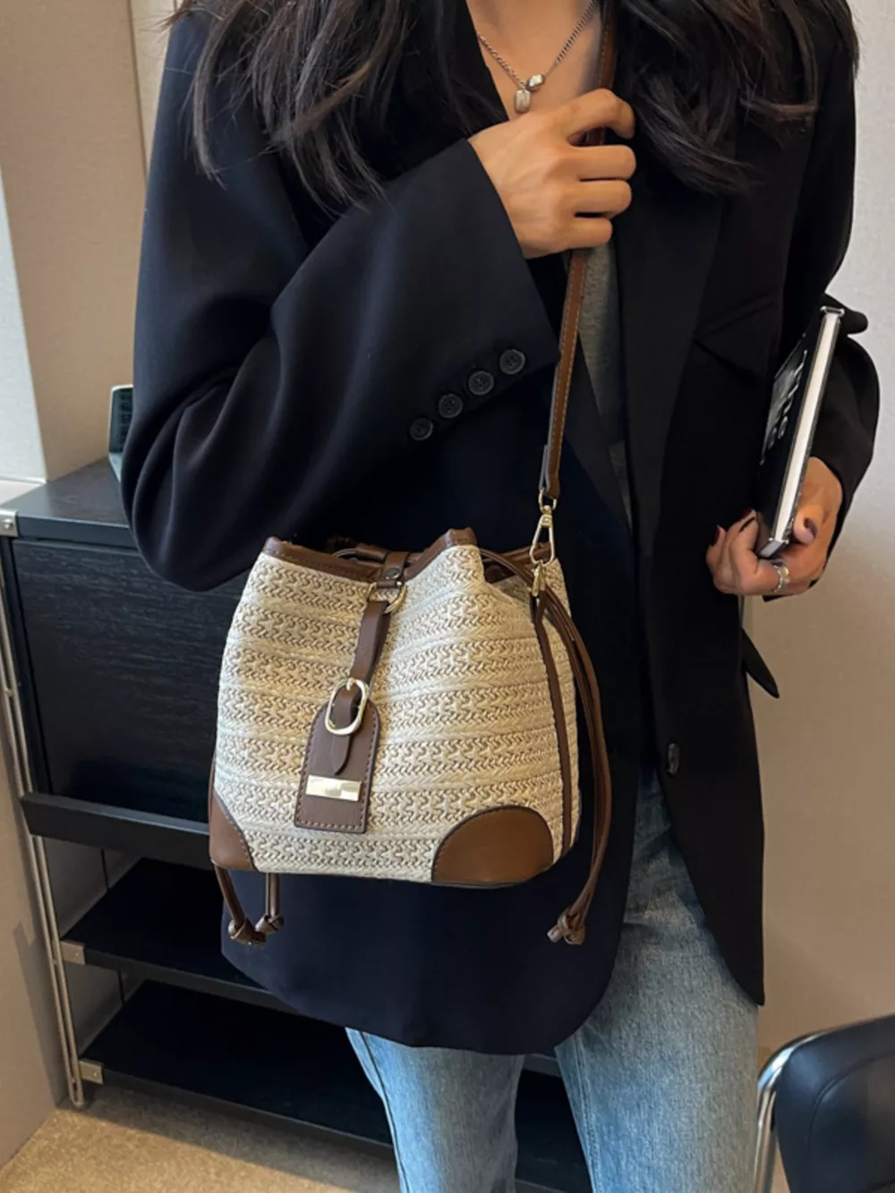 Woven Straw Bucket Crossbody Bag, image 9