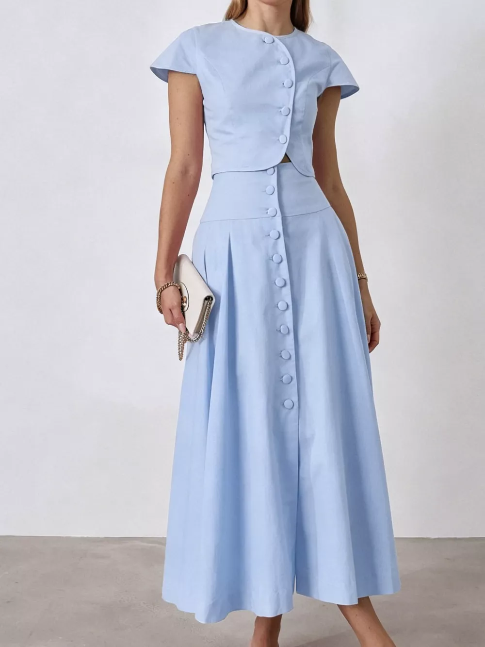 Cap Sleeve Button-Down Crop Top and Midi Skirt Set, image 22
