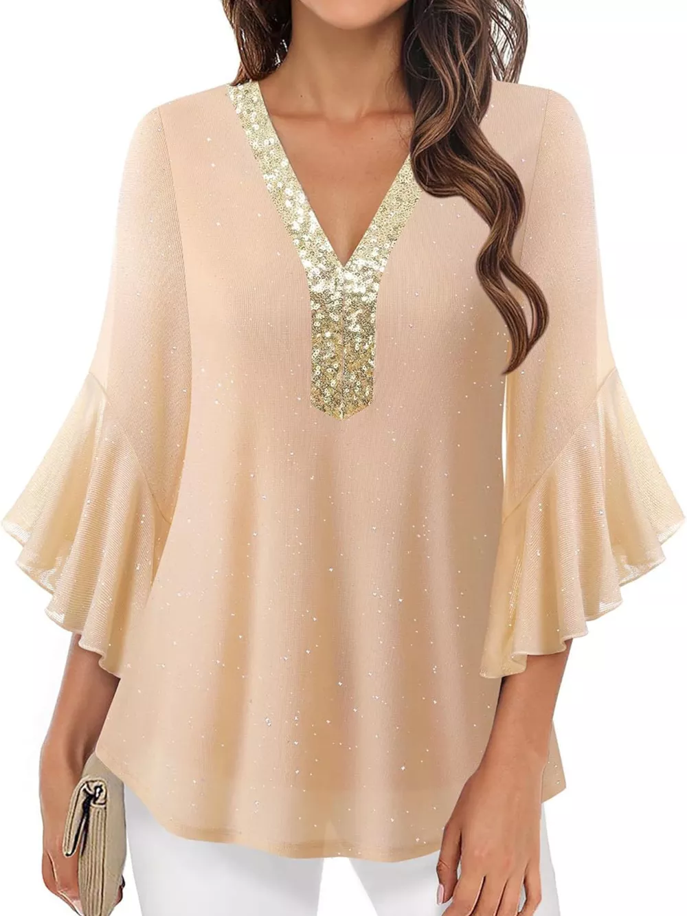 Sequin V-Neck Flounce Sleeve Blouse, image 3