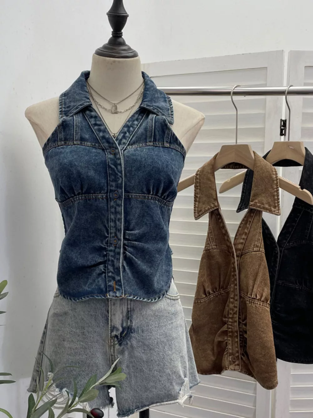 Smocked Denim Halter Collar Top, image 2