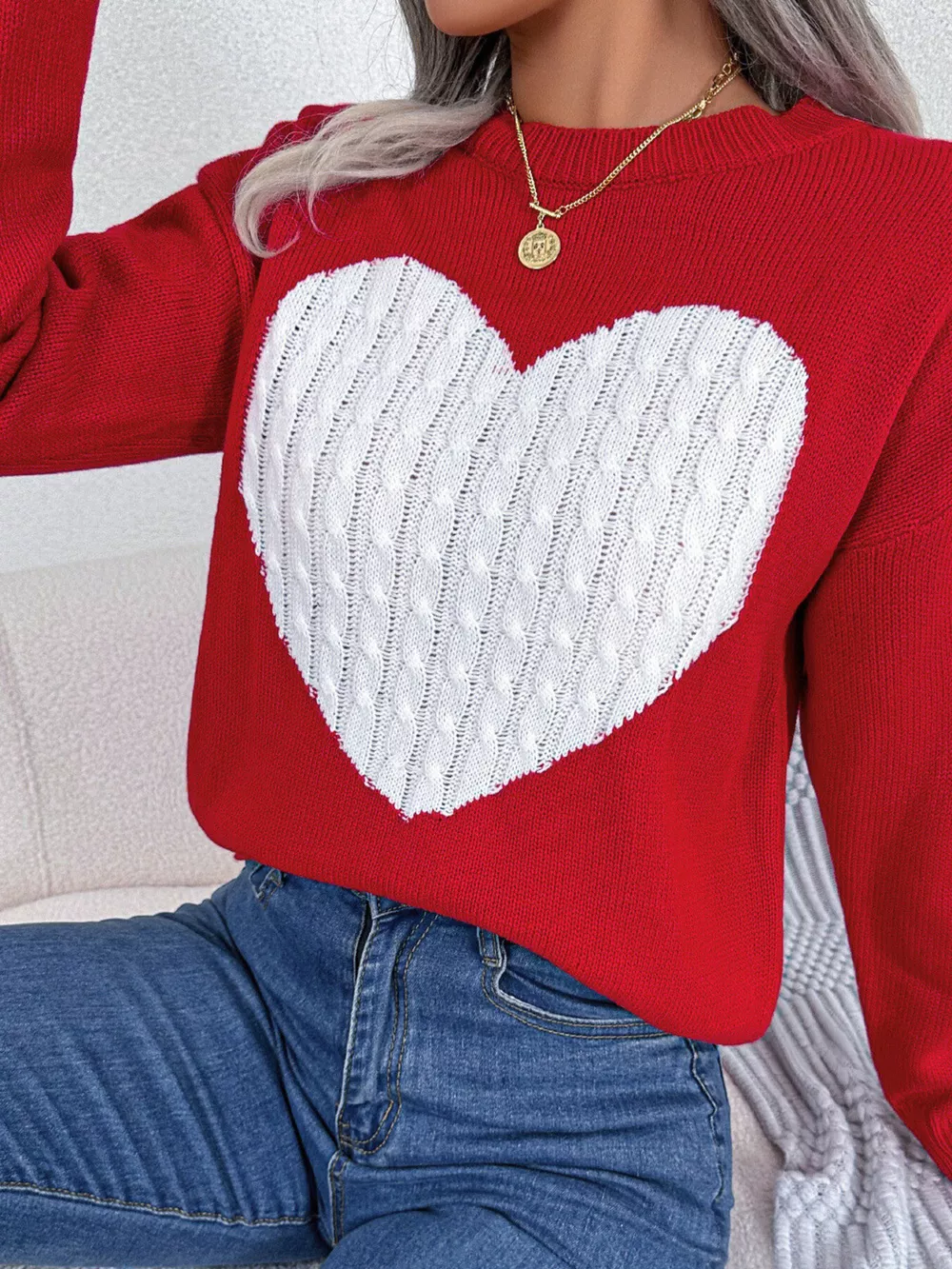 Cable Knit Heart Round Neck Sweater, image 12